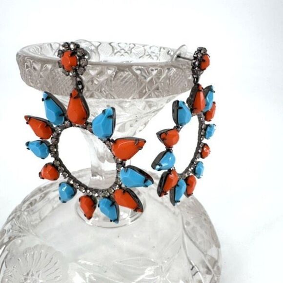 Kenneth Jay Lane Womens Large Circle Crystal Drop Dangle Earring Turquoise Coral - Picture 6 of 12
